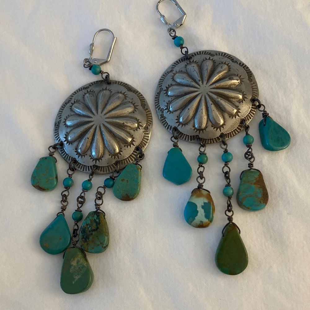 Vintage Ralph Lauren Turquoise and Silver Floral Dangle Earrings 3”